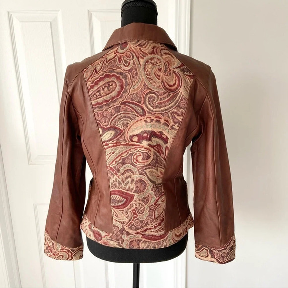 NWT Coldwater Creek Tapestry  Trim Leather Jacket - Picture 3 of 14